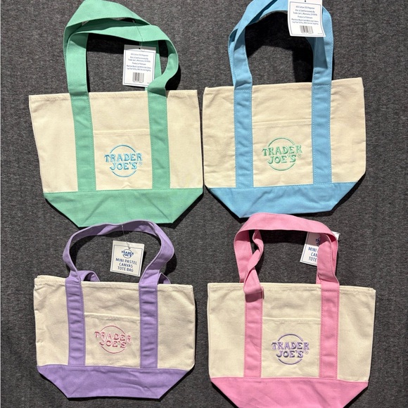 Trader Joe'S Handbags - 4X TRADER JOE'S MINI PASTEL CANVAS TOTE BAG, NEW SPRING PASTEL COLORS 4 BAGS SET